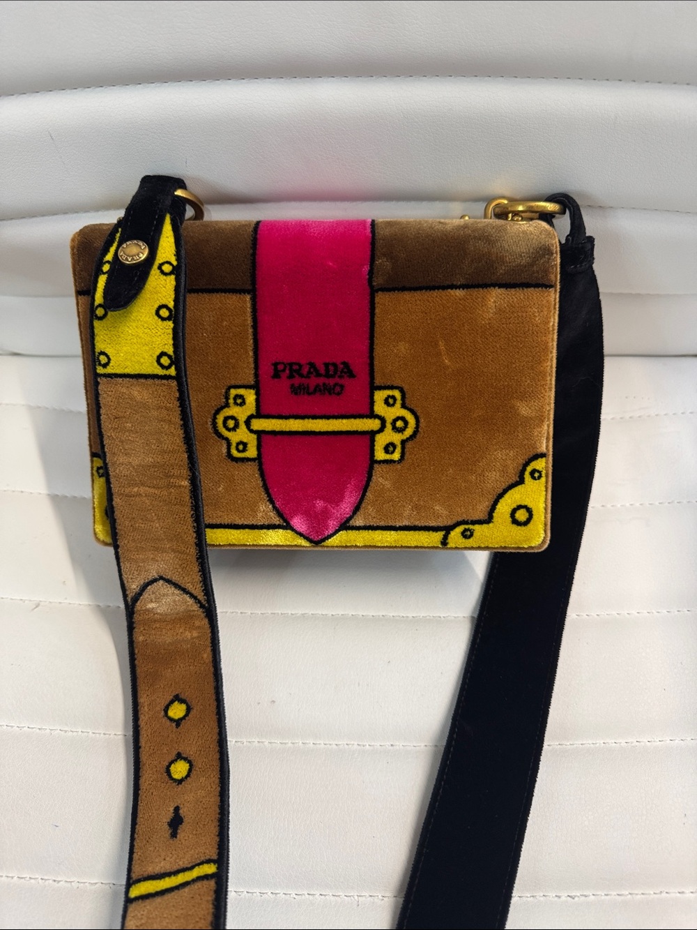 Prada Velvet Crossbody Bag in Pink, Brown & Yellow
